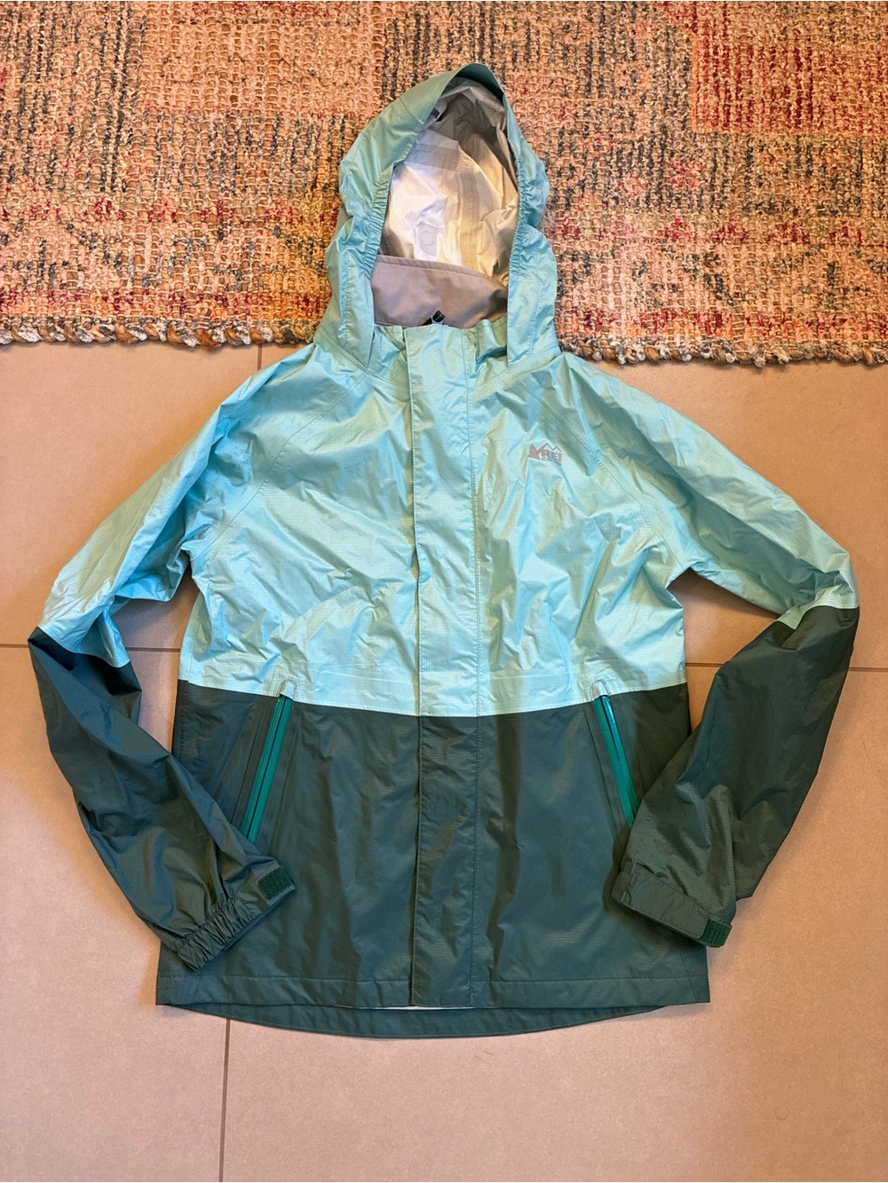 REI Kids Two-Tone Hooded Raincoat - Light Aqua & Forest Green